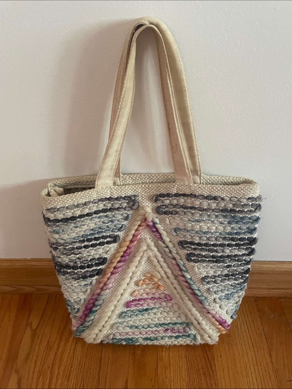 World Market Cream Woven Tote With Multicolor Triangle Detail.